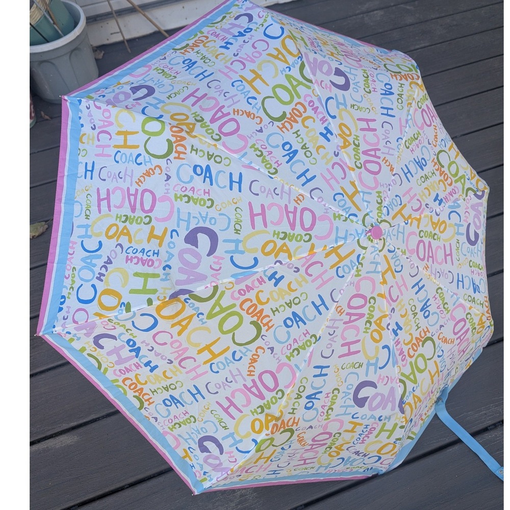 Coach Multicolor Graffiti Logo Print Compact Travel Umbrella Pink Handle